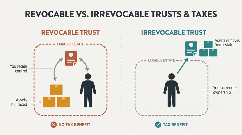 Split comparison showing assets remaining inside the taxable estate boundary in a revocable trust versus assets moved outside the boundary in an irrevocable trust.