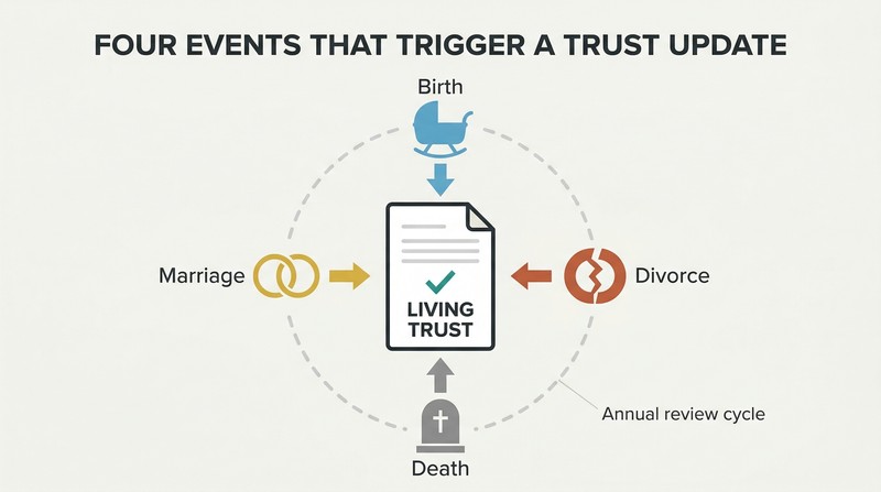 Hub-spoke diagram with a trust document at center and four life events — birth, death, marriage, divorce — pointing inward as update triggers surrounded by a circular review arrow.
