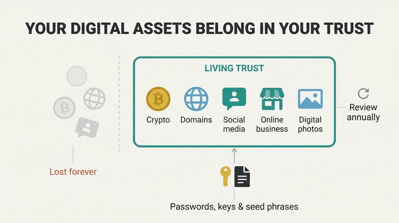 Five digital asset icons organized inside a protective trust boundary, contrasted with faded lost assets outside it.