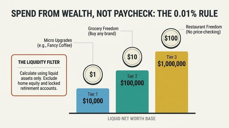 Bar chart showing how net worth levels of 10k, 100k, and 1M scale to sustainable daily spends of 1, 10, and 100 dollars, with a warning to calculate using liquid assets only.