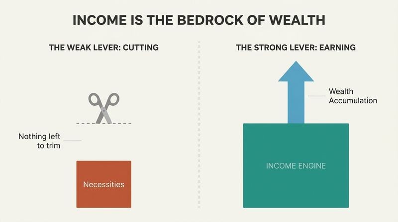 Split-panel diagram contrasting a low-income scenario with high necessities against a high-income scenario where a massive foundation supports large wealth growth.
