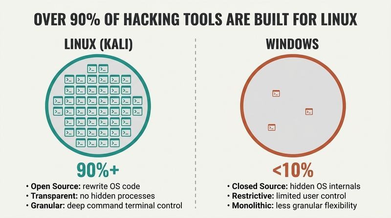A split-panel comparison showing a massive grid of 90 percent hacking tools on the teal Linux side and a tiny, sparse group of under 10 percent on the terracotta Windows side.