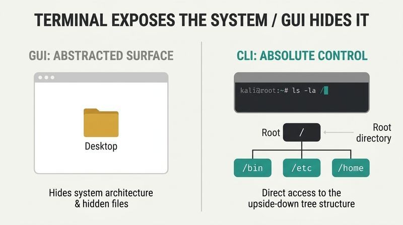 A split-panel diagram showing a limited GUI window next to a dark terminal window that reveals the Linux filesystem as an upside-down tree branching downwards from root.
