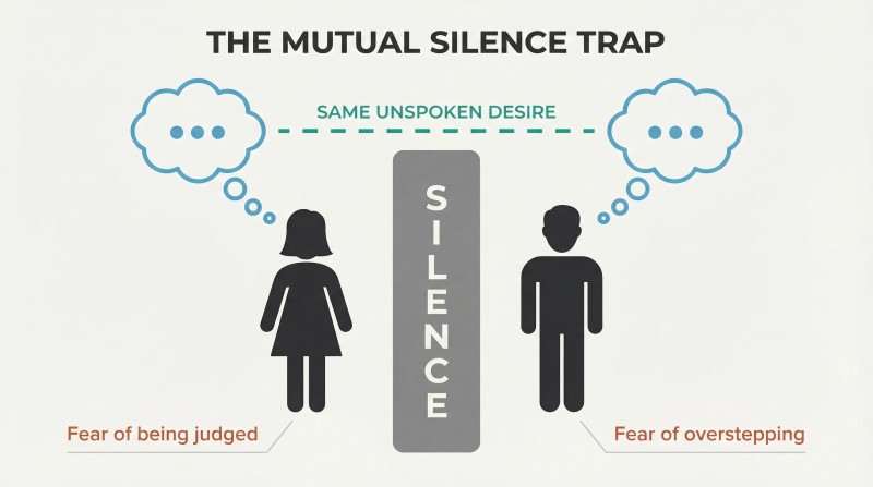 Two silhouettes face a wall labeled Silence, with matching thought bubbles above connected by a dashed line, but different fears below.