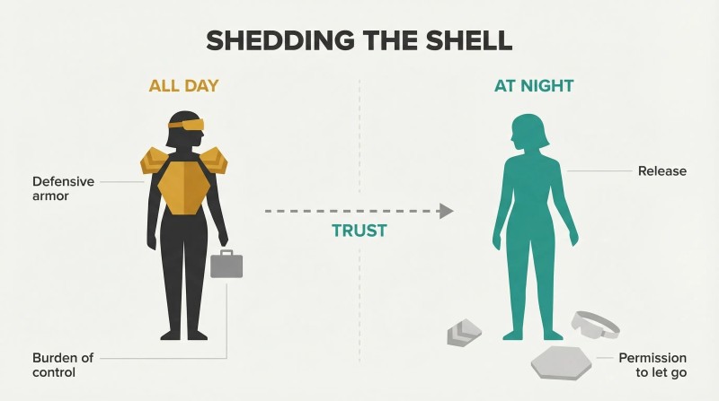 Armored rigid figure on the left transforms into a relaxed teal figure with shed armor pieces on the right, showing the control-to-surrender shift.