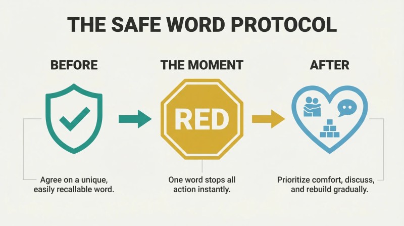 Three-phase horizontal timeline showing a safe word protocol: a teal shield for agreeing on the word before, a gold octagon labeled RED for the instant stop, and a sky-blue heart for aftercare with comfort, talk, and rebuild steps.