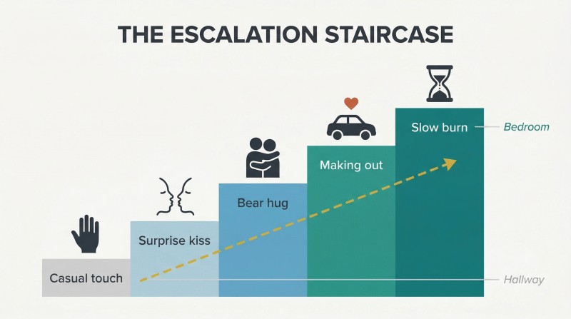Five ascending steps rising left to right, each with an icon representing progressively more intimate physical touch from casual contact to extended foreplay.