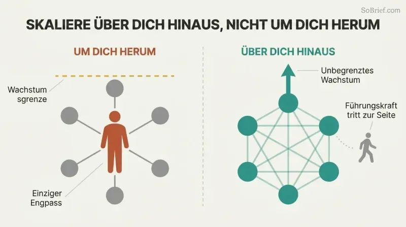 Split panel contrasting a leader-centered hub-spoke model capped by a growth ceiling with a distributed network that scales freely as the leader steps aside.