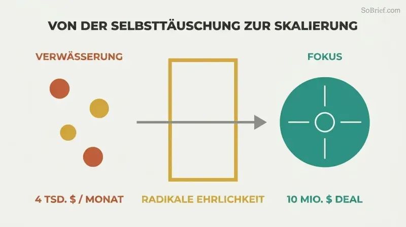 Scattered small circles pass through a gold radical honesty gateway and consolidate into one large focused target, showing how honesty enables scale.