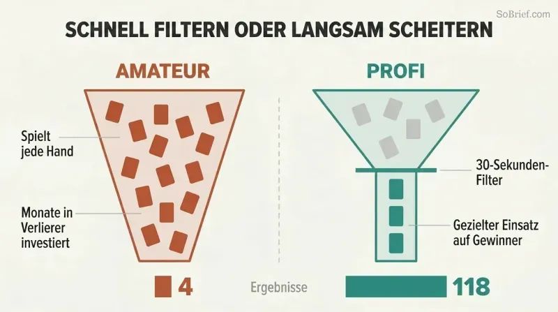 Split panel comparing two funnels where the unfiltered amateur approach yields tiny results while the early-filtering pro approach yields dramatically larger results.