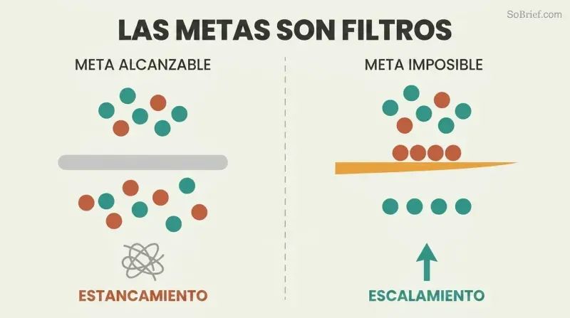 Split panel comparing a thick dull filter representing attainable goals that lets all noise through to stagnation, versus a thin sharp blade representing impossible goals that passes only signal to scaling.