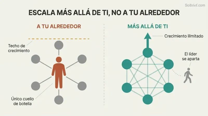 Split panel contrasting a leader-centered hub-spoke model capped by a growth ceiling with a distributed network that scales freely as the leader steps aside.