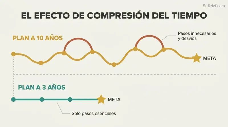 Meandering 10-year path with many stops and detours contrasted against a direct 3-year path reaching the same goal with fewer steps.