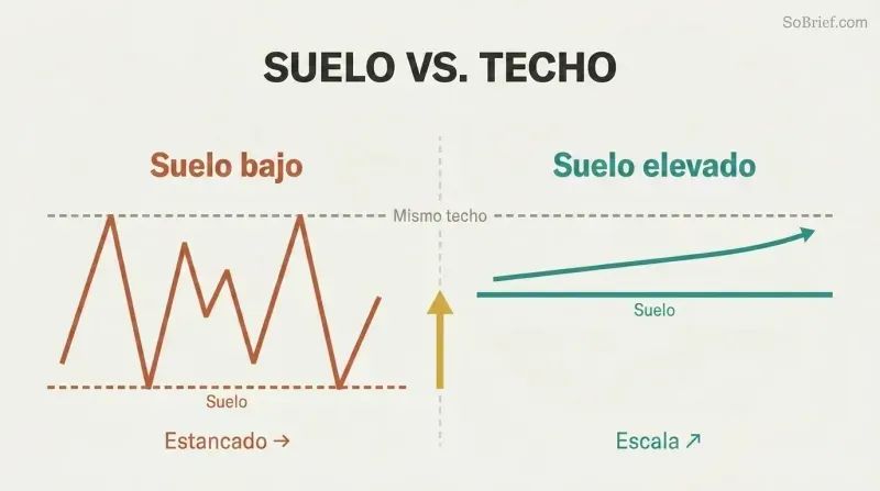 Split panel comparing a low-floor scenario with wild zigzag performance and stagnation against a raised-floor scenario with steady ascending performance and scaling.