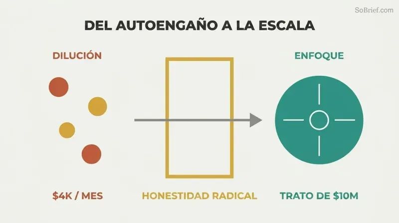 Scattered small circles pass through a gold radical honesty gateway and consolidate into one large focused target, showing how honesty enables scale.