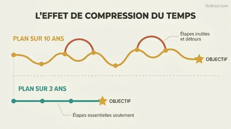 Meandering 10-year path with many stops and detours contrasted against a direct 3-year path reaching the same goal with fewer steps.
