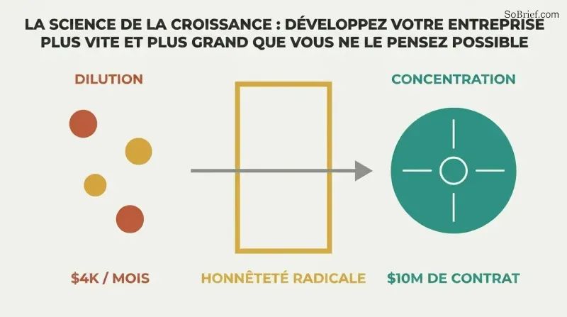 Scattered small circles pass through a gold radical honesty gateway and consolidate into one large focused target, showing how honesty enables scale.