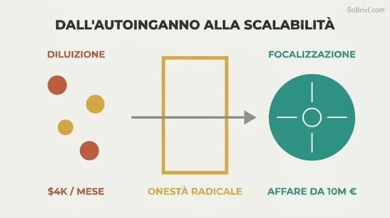 Scattered small circles pass through a gold radical honesty gateway and consolidate into one large focused target, showing how honesty enables scale.