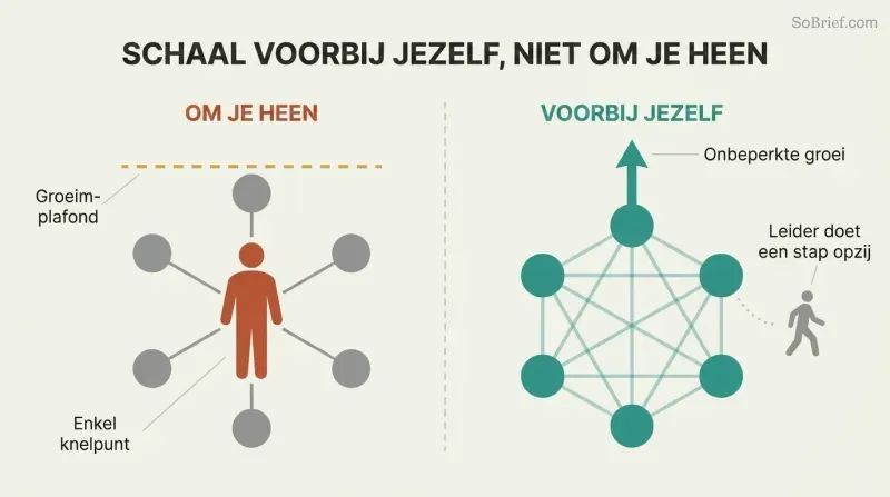 Split panel contrasting a leader-centered hub-spoke model capped by a growth ceiling with a distributed network that scales freely as the leader steps aside.