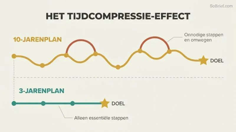 Meandering 10-year path with many stops and detours contrasted against a direct 3-year path reaching the same goal with fewer steps.