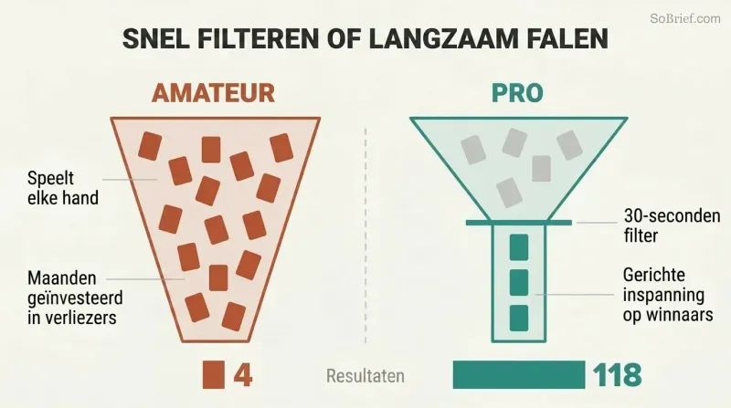 Split panel comparing two funnels where the unfiltered amateur approach yields tiny results while the early-filtering pro approach yields dramatically larger results.