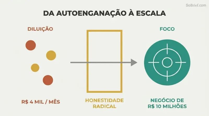 Scattered small circles pass through a gold radical honesty gateway and consolidate into one large focused target, showing how honesty enables scale.