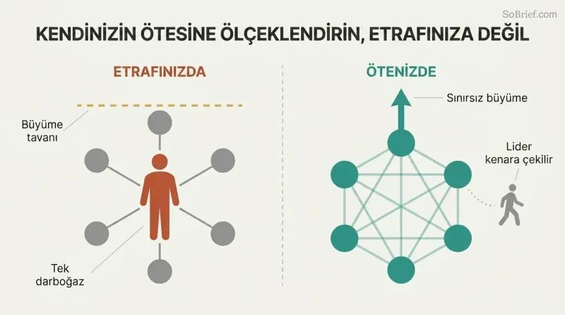 Split panel contrasting a leader-centered hub-spoke model capped by a growth ceiling with a distributed network that scales freely as the leader steps aside.