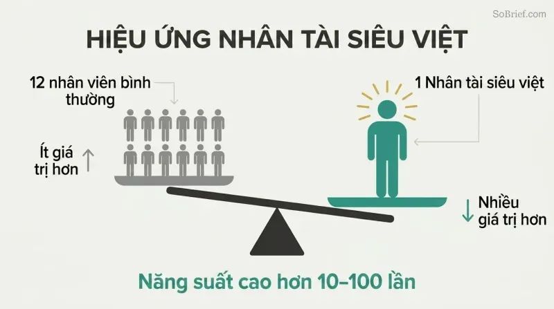 Tilted balance scale with one figure on the lower side outweighing twelve smaller figures on the raised side, showing disproportionate value creation.