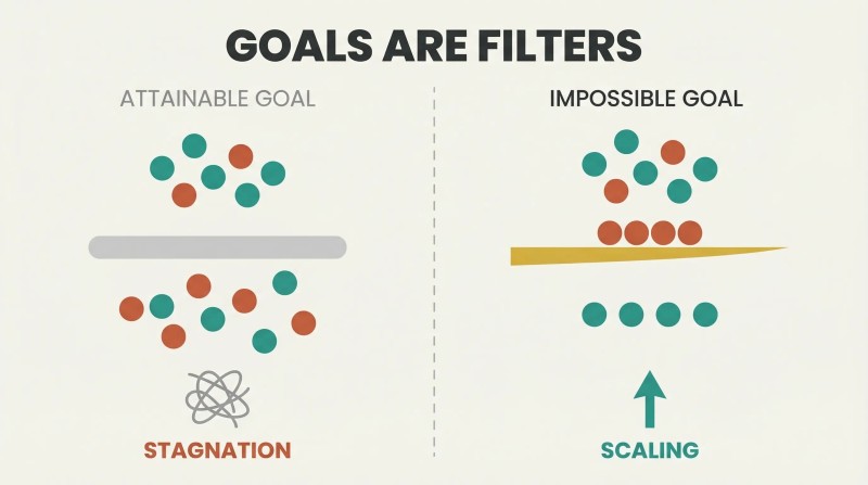 Split panel comparing a thick dull filter representing attainable goals that lets all noise through to stagnation, versus a thin sharp blade representing impossible goals that passes only signal to scaling.