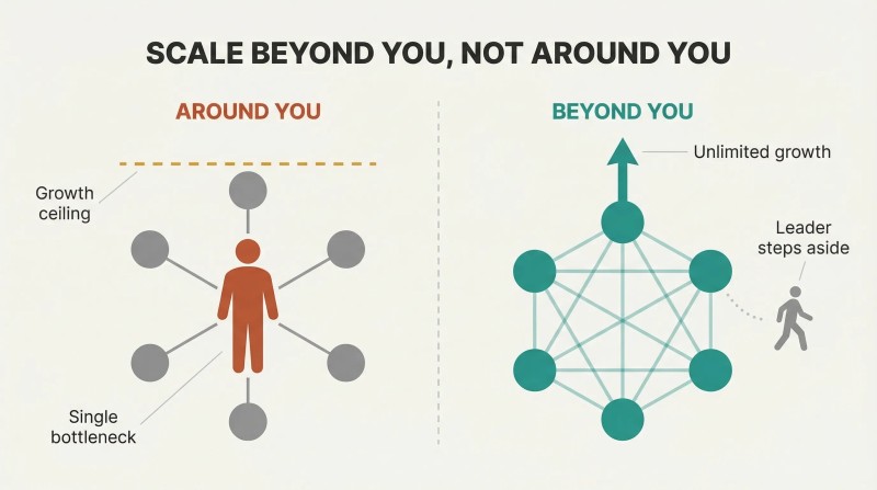 Split panel contrasting a leader-centered hub-spoke model capped by a growth ceiling with a distributed network that scales freely as the leader steps aside.