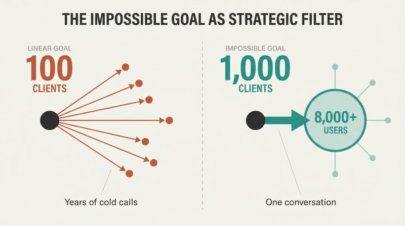 Split panel comparing a linear goal producing scattered cold-call arrows versus an impossible goal producing one bold arrow to a large platform hub.