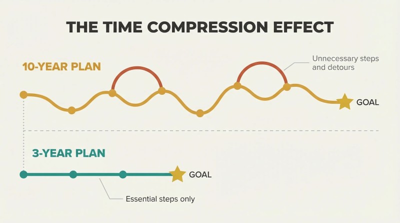 Meandering 10-year path with many stops and detours contrasted against a direct 3-year path reaching the same goal with fewer steps.