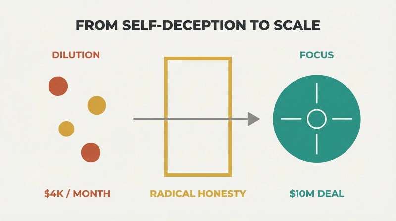 Scattered small circles pass through a gold radical honesty gateway and consolidate into one large focused target, showing how honesty enables scale.