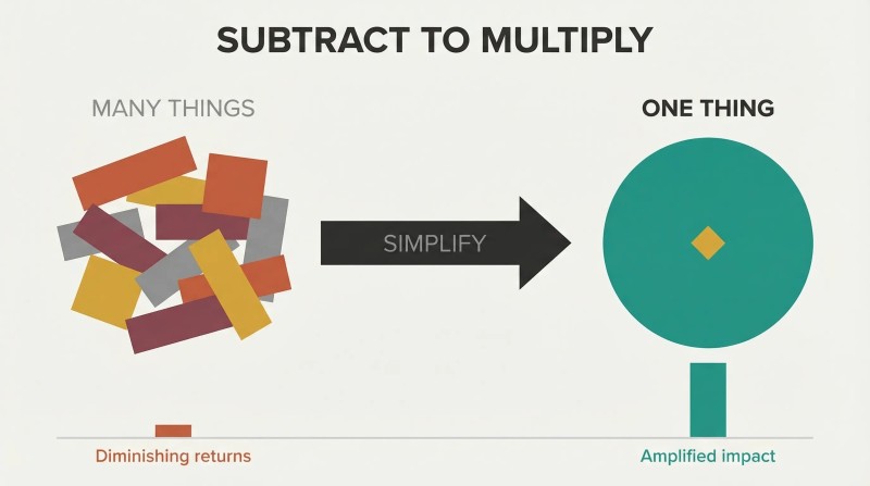 Transformation diagram showing many scattered shapes with a tiny result bar on the left simplifying through subtraction into one bold shape with a massive result bar on the right.