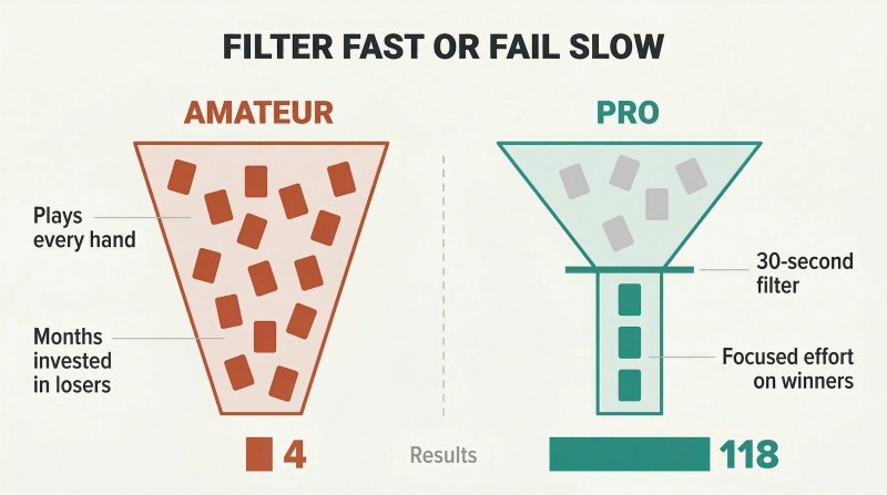 Split panel comparing two funnels where the unfiltered amateur approach yields tiny results while the early-filtering pro approach yields dramatically larger results.