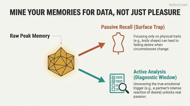 A fork diagram showing how a single peak memory can either be passively recalled for superficial pleasure, leading to a dead-end, or analyzed like data to uncover core psychological drivers of desire.