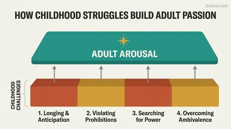 A structural diagram displaying four foundational blocks of childhood challenges supporting a single, solid teal platform of adult arousal.