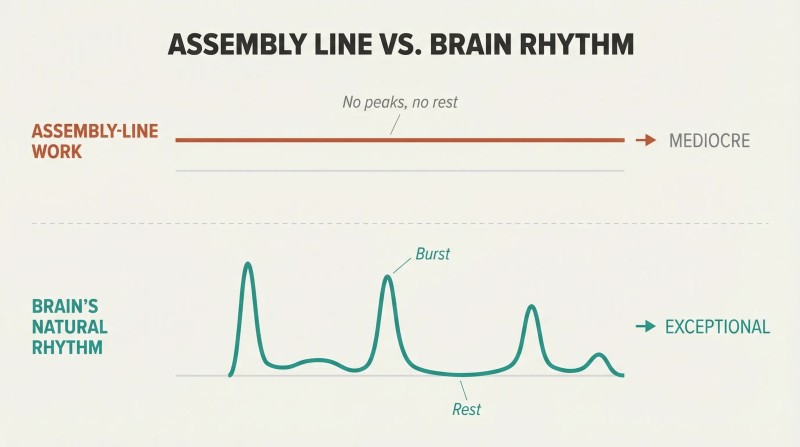 Split comparison of two waveforms — a flat monotonous line representing assembly-line work versus a pattern of sharp bursts and gentle rest valleys representing the brain's natural rhythm.