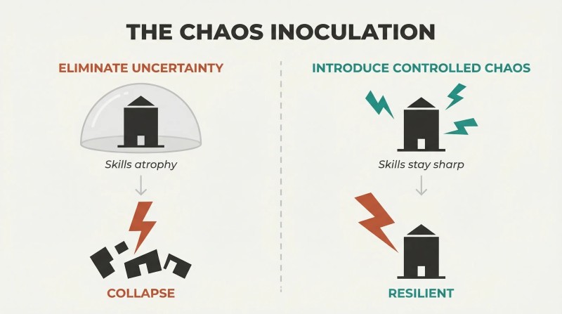 Split panel contrasting how eliminating all uncertainty causes fragile collapse while controlled disruptions build lasting resilience.