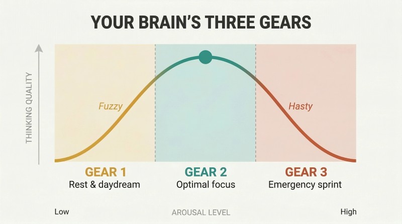 Inverted-U curve across three arousal zones showing thinking quality peaks in the middle gear and drops in both low and high arousal states.