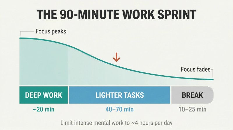 Declining focus curve over a segmented timeline bar showing hard work in the first 20 minutes, lighter work for 40–70 minutes, then a recharging break.