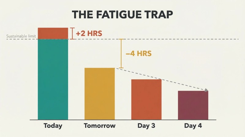 Declining bar chart across four days showing how two extra hours pushed past the sustainable limit costs four hours the next day and compounds further.
