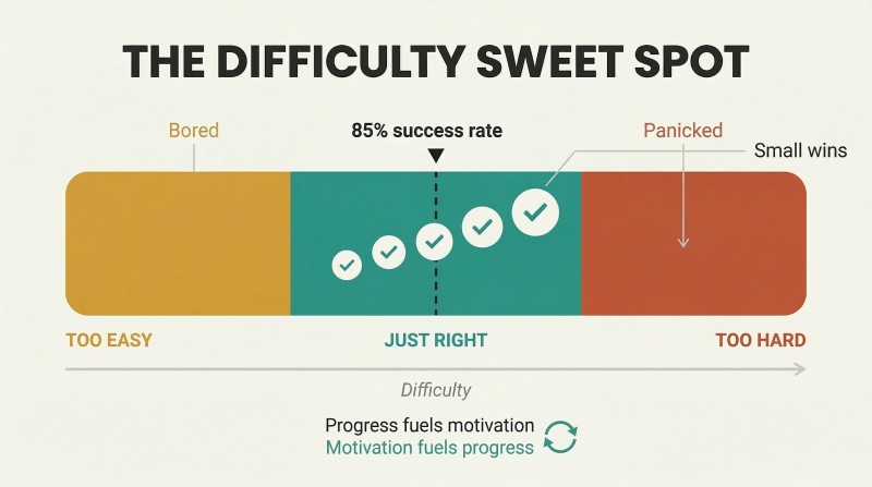 Horizontal difficulty spectrum showing boredom at too-easy, a highlighted 85% success-rate sweet spot generating motivation, and panic at too-hard.