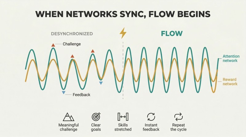 Two colored wave lines progress from desynchronized on the left to perfectly aligned on the right, illustrating how alternating challenge and feedback triggers neural flow.