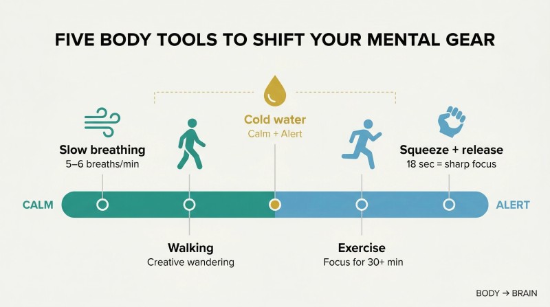 Horizontal spectrum from calm to alert with five physical actions positioned at their corresponding arousal levels, showing how each body tool shifts brain state differently.