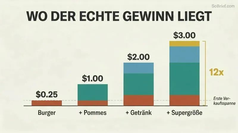 Four ascending bars showing how adding fries, a drink, and a supersize to a burger multiplies profit from $0.25 to $3.00—a 12x increase.