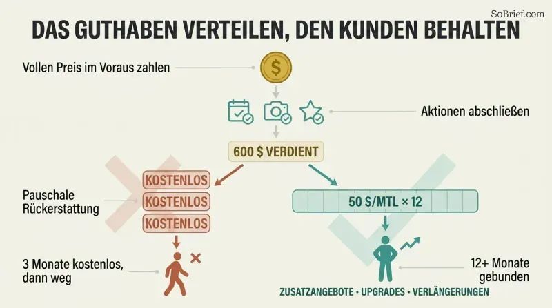 Flow diagram showing upfront payment leading to earned credit, then forking into a lump refund that loses customers versus a monthly spread that retains them.