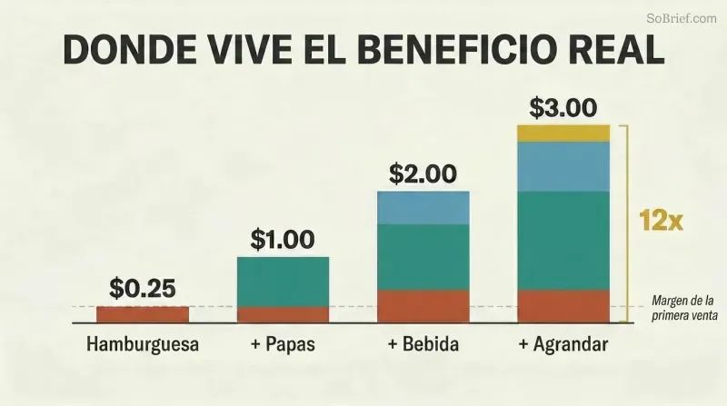 Four ascending bars showing how adding fries, a drink, and a supersize to a burger multiplies profit from $0.25 to $3.00—a 12x increase.