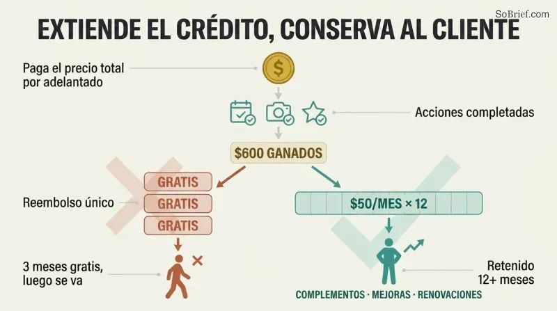 Flow diagram showing upfront payment leading to earned credit, then forking into a lump refund that loses customers versus a monthly spread that retains them.