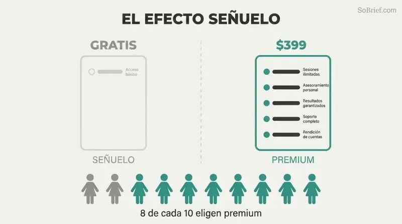 Split panel comparing a bare-bones free decoy offer with only one feature against a fully loaded premium offer with five features, with eight of ten figures choosing the premium side.